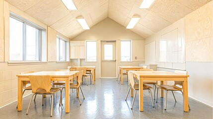 Fototapeta premium Cozy classroom interior with wooden desks and chairs, a gabled ceiling, and soft lighting, creating a warm and inviting learning atmosphere for students.