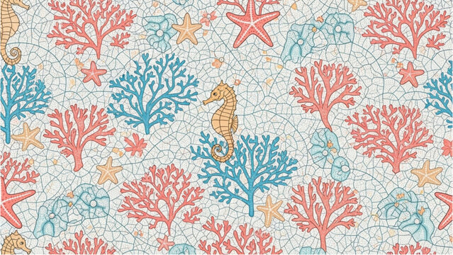 Seahorse swims among colorful coral reefs and starfish underwater.
