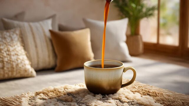 Side-angle shot of a tea set on a rug near sofa cushions, warm daylight illuminating the scene, minimalist living room in soft neutral tones, inviting lifestyle composition