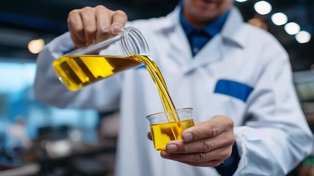 Technician in lab coat collecting crude oil sample, steel valve open, glass container catching flowing oil, close-up details of oil viscosity and reflections, industrial laboratory