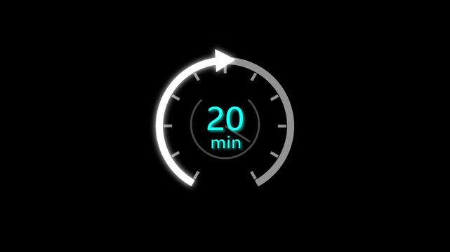 20 Min clock icon animation. 20 minute animation on black background and creating a stunning 4k video.