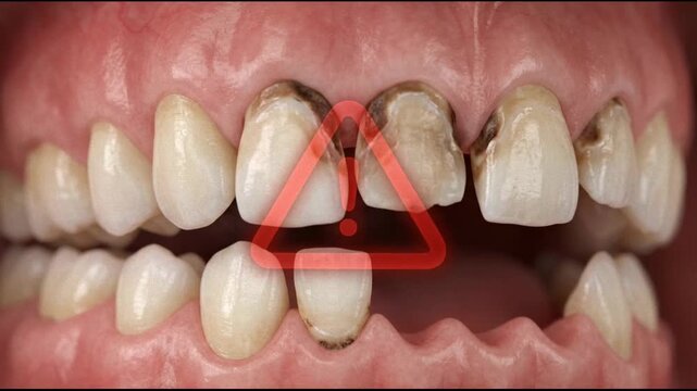 Warning sign over a mouth with severe dental decay and unhealthy teeth indicating urgent oral health problems