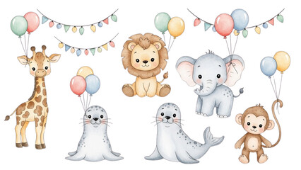 A colorful celebration with giraffe, lion, elephant, seal, and monkey friends. © Stock Image Paradise