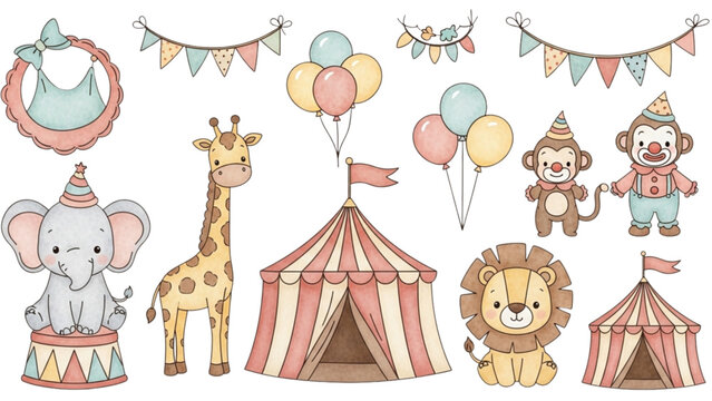 A colorful circus scene with animals and tents outdoors daytime