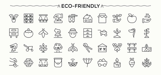 Eco-Friendly vector icon set. Nature icon set. Pictograms of farming, herbal, healthy, vegan, gardening, natural and more. Vector artwork and illustration.