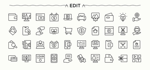 Edit line icon set. Editing simple icon set. Vector outline icons collection. Pack of adjust, writer, editing, correct, formatting, adjustable and more. Editable vector. Pixel perfect.