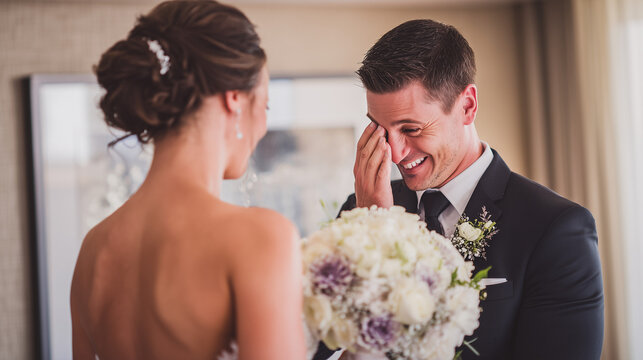 bride and groom sharing emotional first look moment before wedding ceremony, intimate couple portrait in nature, romantic outdoor wedding photography