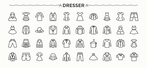 dress icon collection. Related to cloth, clothes, apparel, clothing, suit and more. Carpentry icon set. Outline icons pack. Editable vector illustration.