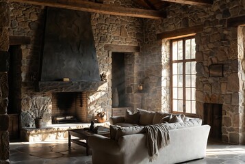 Fototapeta premium A cozy living room with a stone fireplace and rustic furniture.