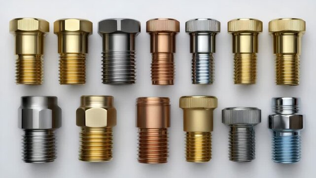 Top-down view of mixed plumbing fittings on a clean white background, brass, copper, and steel pieces arranged in neat pattern, sharp details, subtle reflections emphasizing materi