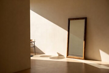 Obraz premium A mirror stands in a minimalist room with strong light and shadow, creating an atmosphere of quiet contemplation.