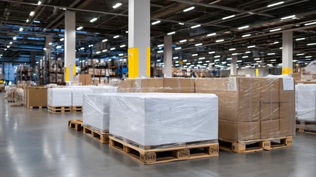 Wide shot of multiple white-plastic-wrapped furniture boxes across a spacious warehouse, bright overhead lighting, clean and organized pallet layout, distribution and logistics con