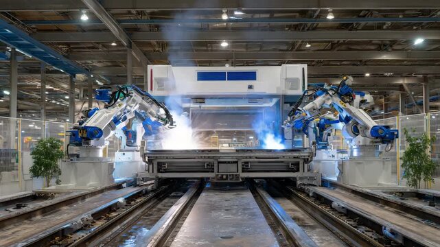 Wide shot of an enclosed robotic spray painting line in operation, multiple robots coating metal panels, transparent safety walls, controlled industrial environment, advanced facto