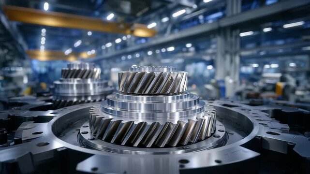 Wide top-down shot of multiple bevel gears assembled on a precision test stand, industrial blue-gray aesthetic, metallic reflections and high-detail gear teeth, professional engine