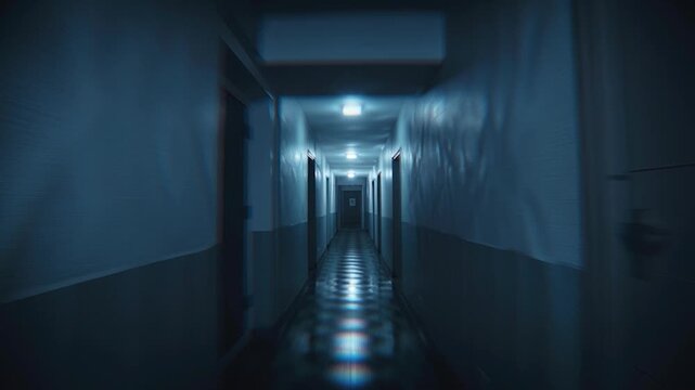 Dark Endless Hallway Horror Perspective Moody Lighting Cinematic Scary Interior Scene