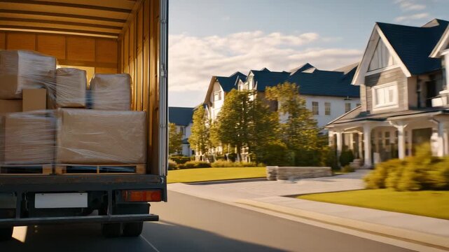 Wide-angle close-up of moving truck on neighborhood street, back open showing stacks of furniture and boxes, sunlight creating soft highlights on plastic wrapping, suburban lifesty