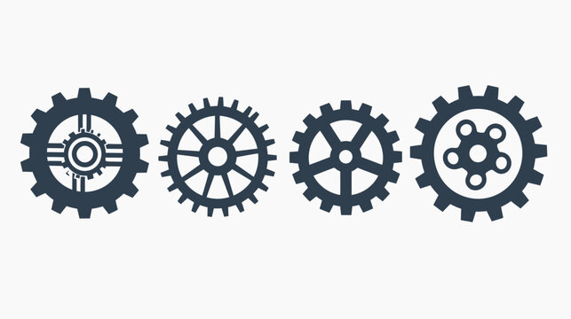 Illustration of four dark gears with different inner and outer designs on a white background