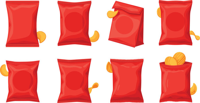 Potato Chips Packaging Vector Illustration Set with Red Snack Bags, Crisps, Open and Closed Packs, and Food Product Mockup Collection