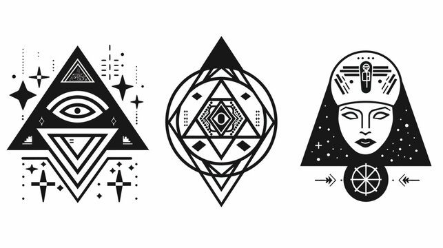 Black and white abstract geometric symbols, eye in triangle, circle and face