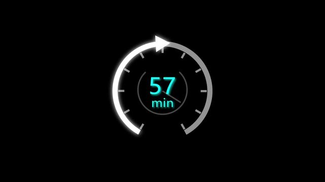 57 Min clock icon animation. 57 minute animation on black background and creating a stunning 4k video.
