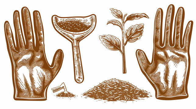 Gardening tools sketch Gloves, scoop, plant, small pile and big pile of soil