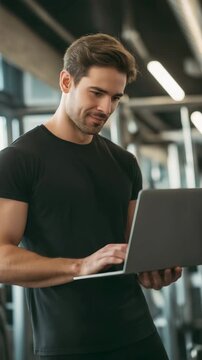 A young, attractive man working as a fitness teacher in a gym is using a laptop.	