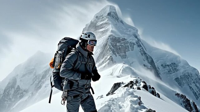 Mountain climber facing tall peak in cold weather concept. Professional mountain climber with backpack and helmet hiking snowy peak with dramatic winter mountain landscape