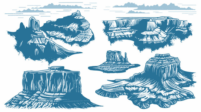 Engraved-style blue landscape illustration of desert rock formations and cloud formations