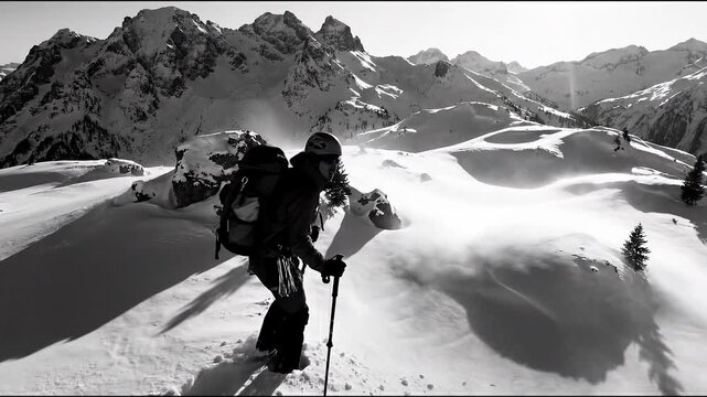 Mountain climber facing tall peak in cold weather concept. Snowy mountain hiking adventure with backpacker trekking in winter alpine landscape