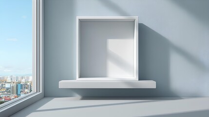 Fototapeta premium Minimalist Display Case: A clean and modern display case, bathed in natural light, rests against a pale blue wall, offering a stage for showcasing objects with sophistication.