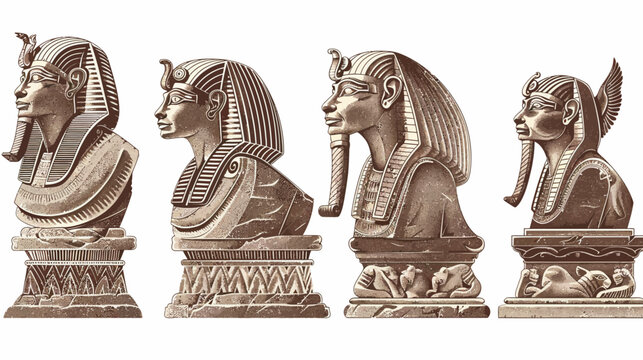 Four Egyptian pharaoh busts on pedestals, in profile, aged stone texture, white background