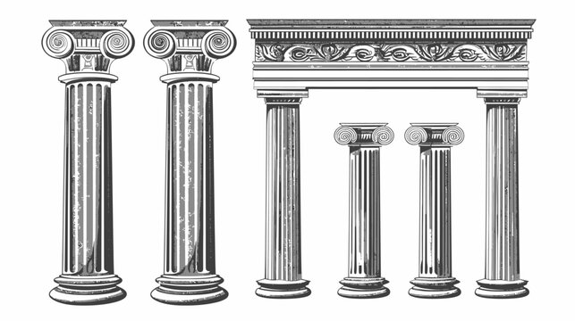 Illustration of classical Ionic columns, architectural elements in black and white