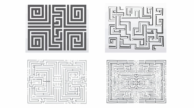 Four grayscale square maze designs, increasing in complexity