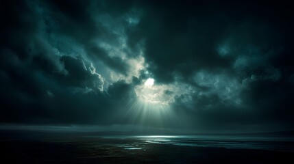 Obraz premium Dramatic Sky Over the Coastline: The powerful image showcases the untamed beauty of nature with a mesmerizing view of the dark, cloudy sky as sunlight pierces through the storm.