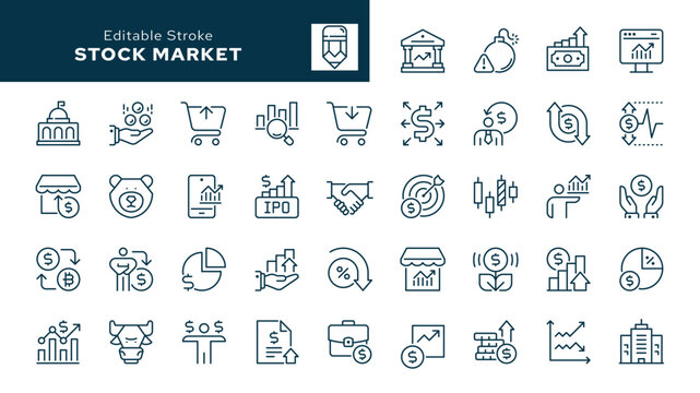 Stock market. Set of outline icons. Finance, investment, profit, trading, bear, bull, shareholder, exchange, market analysis and more. Line icon in linear style. Vector collection	