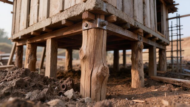 Wooden house raised on log piles with metal fasteners securing beams. Scene highlights pile foundation, elevated house structure, and traditional construction methods