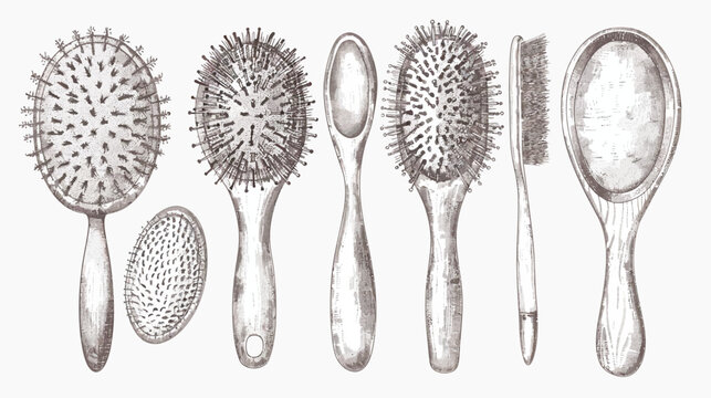 Sepia-toned drawing of hairbrushes and a hand mirror isolated on a white background