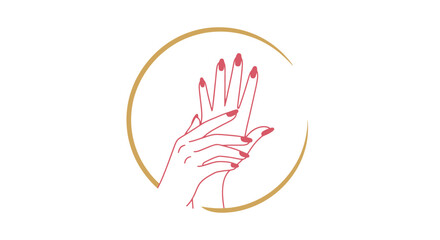 Obraz premium Elegant Female Hands with Red Manicured Nails in a Golden Circle Frame, Beauty and Self-Care Concept on Isolated White Background