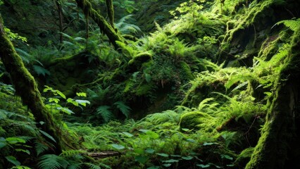 Fototapeta premium Sunlit mossy undergrowth with ferns among fallen branches