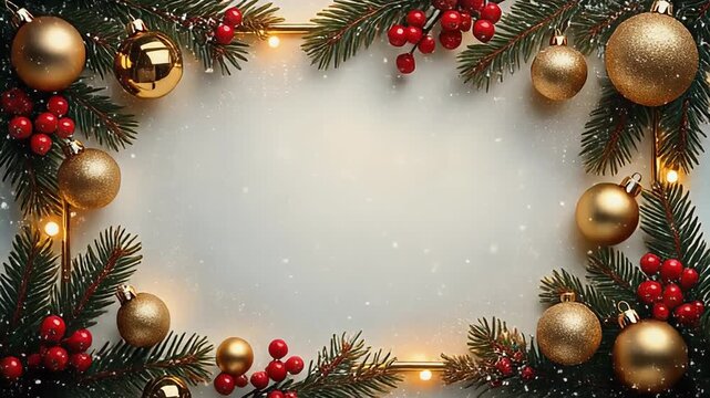Golden ornaments, festive red berries, and twinkling lights frame a snowy winter scene, creating a warm, inviting backdrop for holiday greetings and celebrations.
