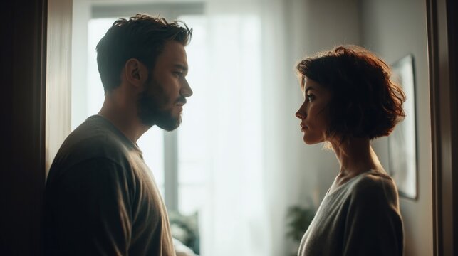 Young couple facing each other during emotional argument at home in soft window light. Man and woman in tense conversation, relationship conflict and communication problems indoors