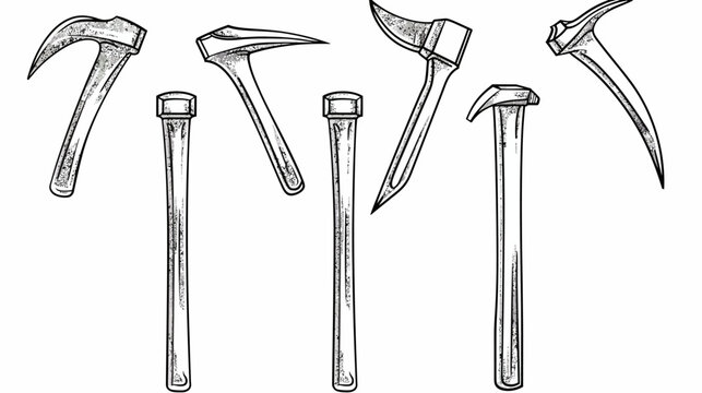 A collection of different mattock-style gardening tools, drawn in a rough style