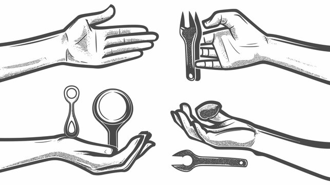 Four stylized monochrome illustrations depict hands holding various tools on a white background