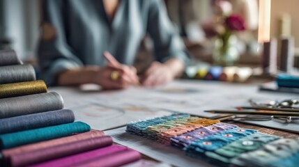 Fototapeta premium Woman designs clothes at table