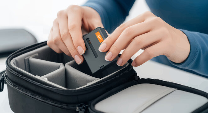 Woman's hands placing portable SSD into protective case
