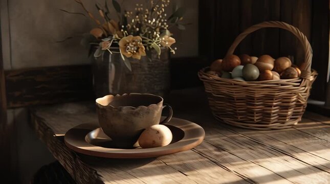 Easter still life with bread fruits and coffee on a table