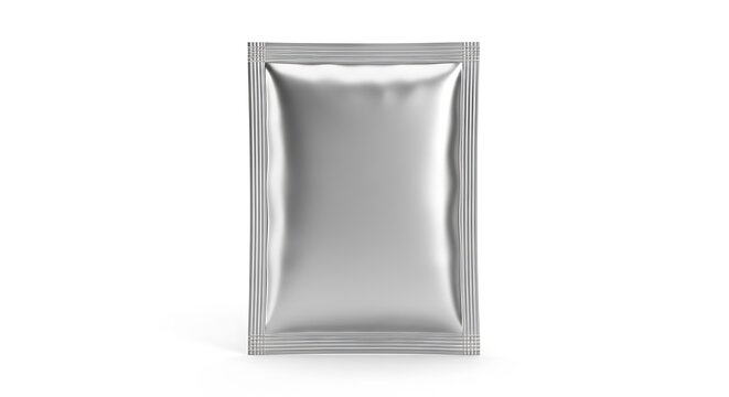 silver foil blank bag package on white background aluminium bag Packaging sachet mockup  food branding packaging 3D rendering, 3D illustration 3D Sachet packing pouch mockups 3D pouches