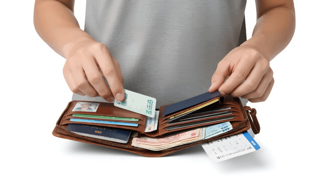 Man organizing wallet with cash and cards