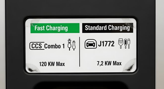 Electric vehicle charging station sign with fast and standard charging options