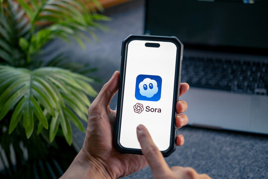 Phayao, Thailand - Mar 19 2026 : Sora, Hand hold smartphone open on website on laptop display screen on the background.